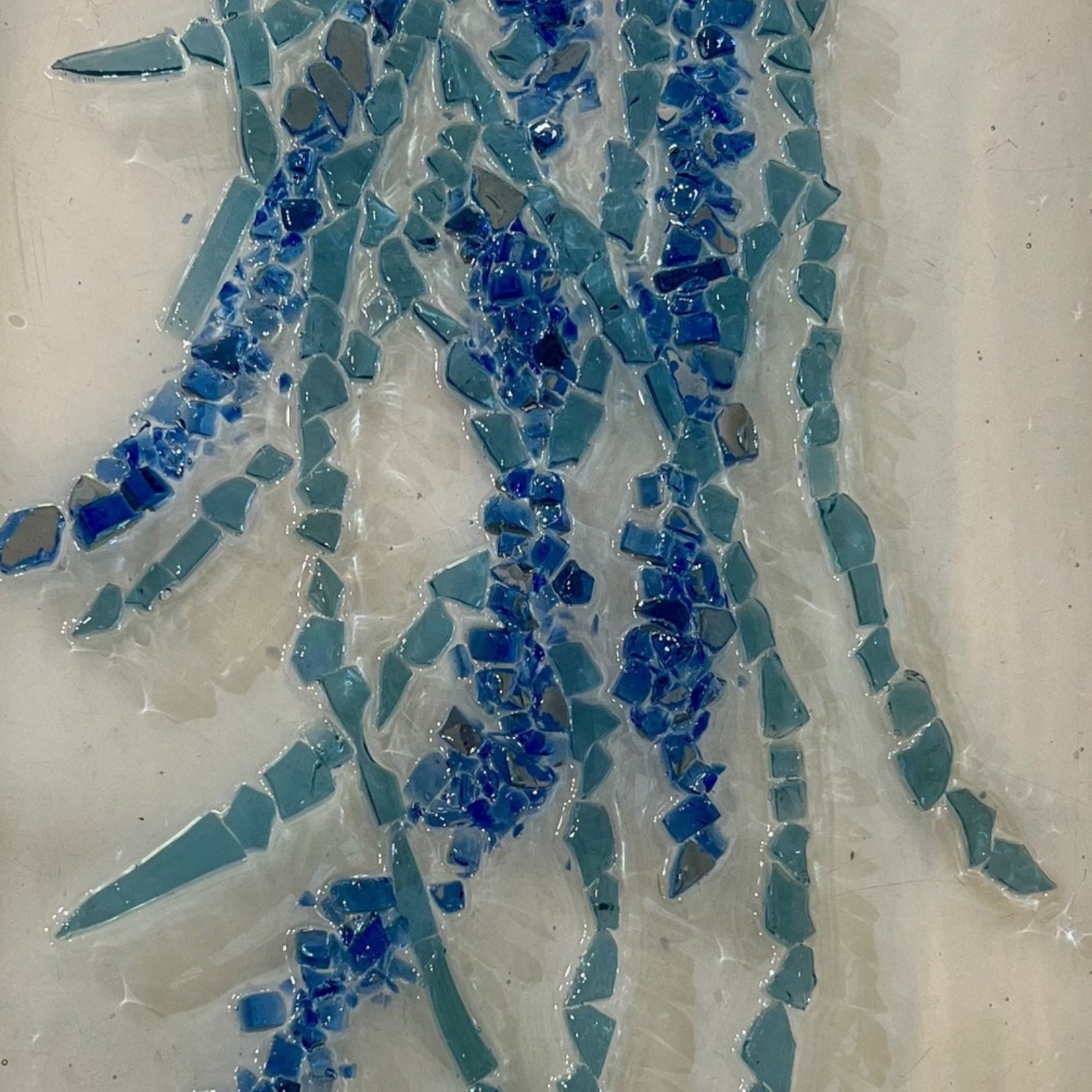 Sue by the Seashore Jellyfish, blue, crushed glass, 22x10", framed, SUES
