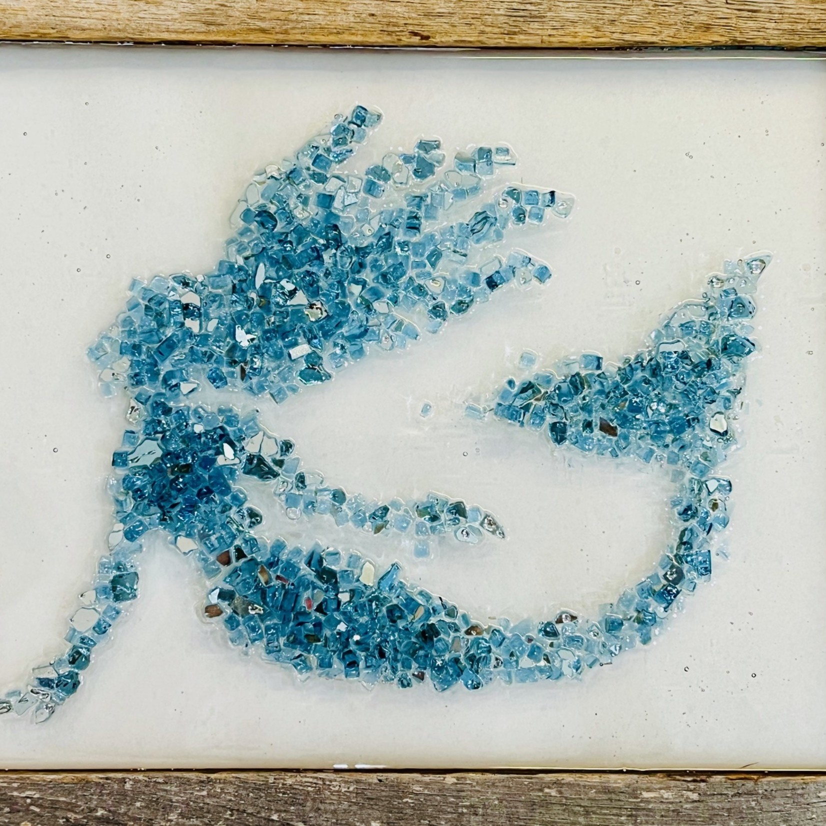 Sue by the Seashore Mermaid, blue, crushed glass, framed,17x13", SUES