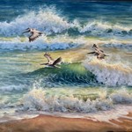 Michaelann Bellerjeau "Compression Gliding: Brown Pelicans", oil on linen, framed, 24x30", MICB