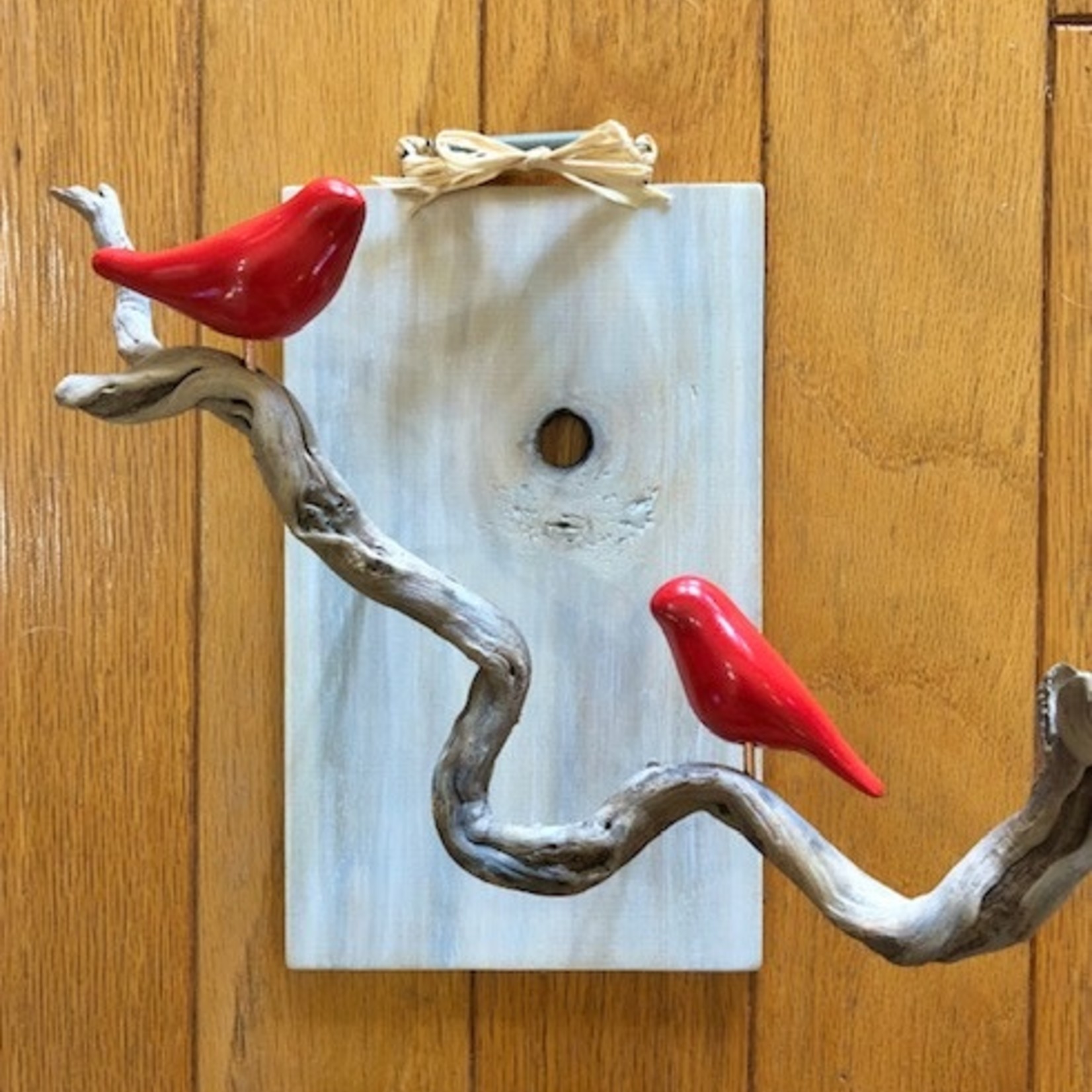 Molly Potter Thayer "Festive" red birds on driftwood, wall hanging, @12", MOLT