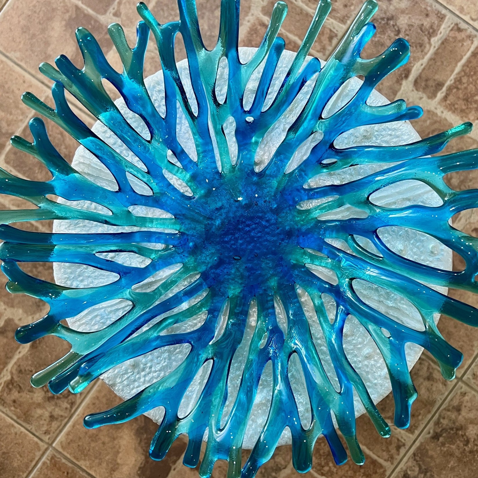 Karen Hovis CORAL BOWL, sandblasted fused glass, @14D. x 3H, KARH)