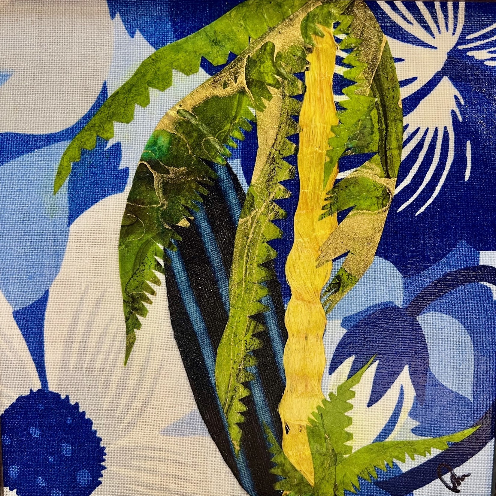 Pam Maschal Blue Fabric Palm, framed, 10x10", PAMM