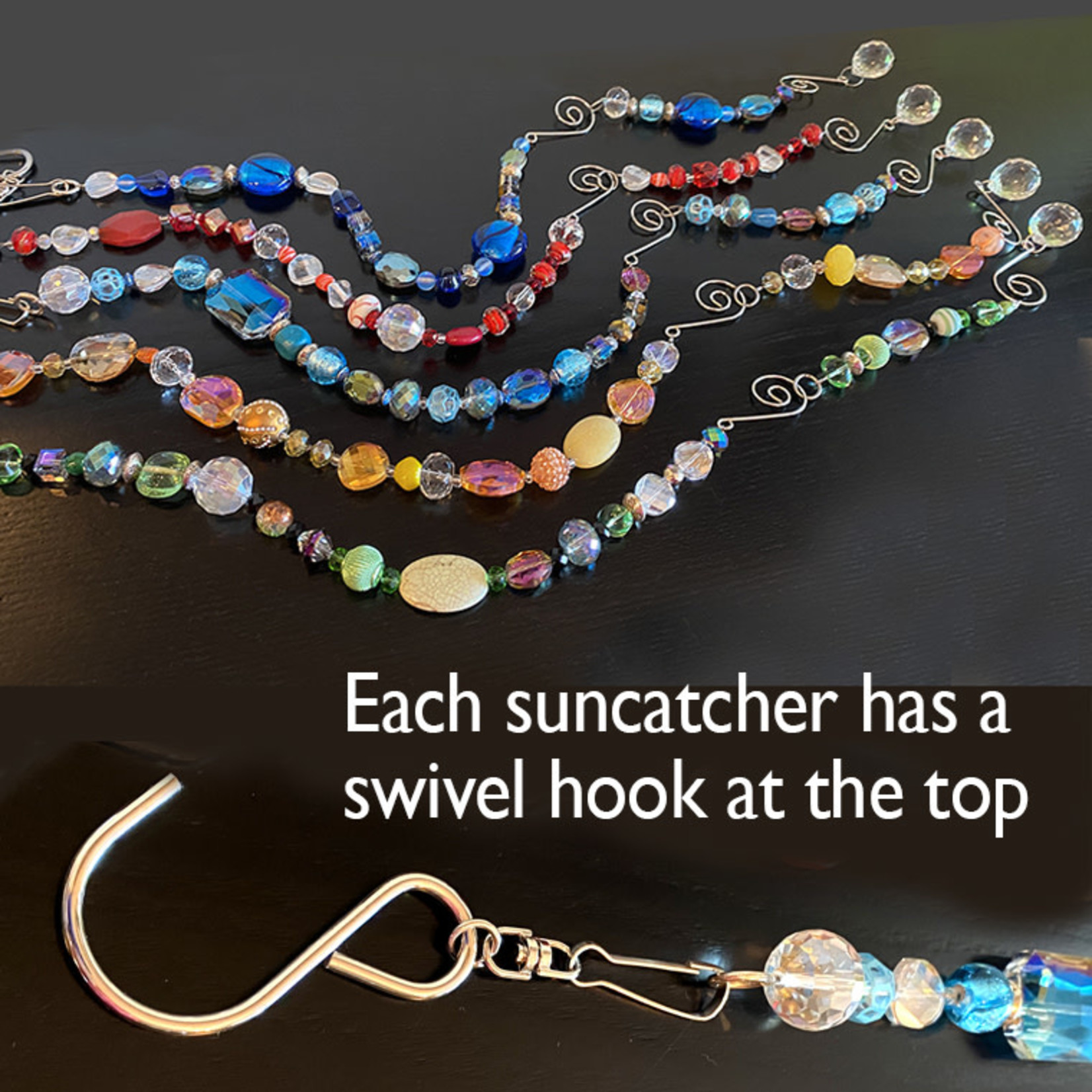 Susan Estrella Suncatcher, beads and crystals, @12-15", SUSE