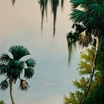 AE Backus, Highwaymen (Original/2nd Generation/Legacy), Indian River School HIGHWAYMEN, Johnny Daniels, "Double Palm with 3 Egrets', oil on canvas, 17X29" framed, RARE
