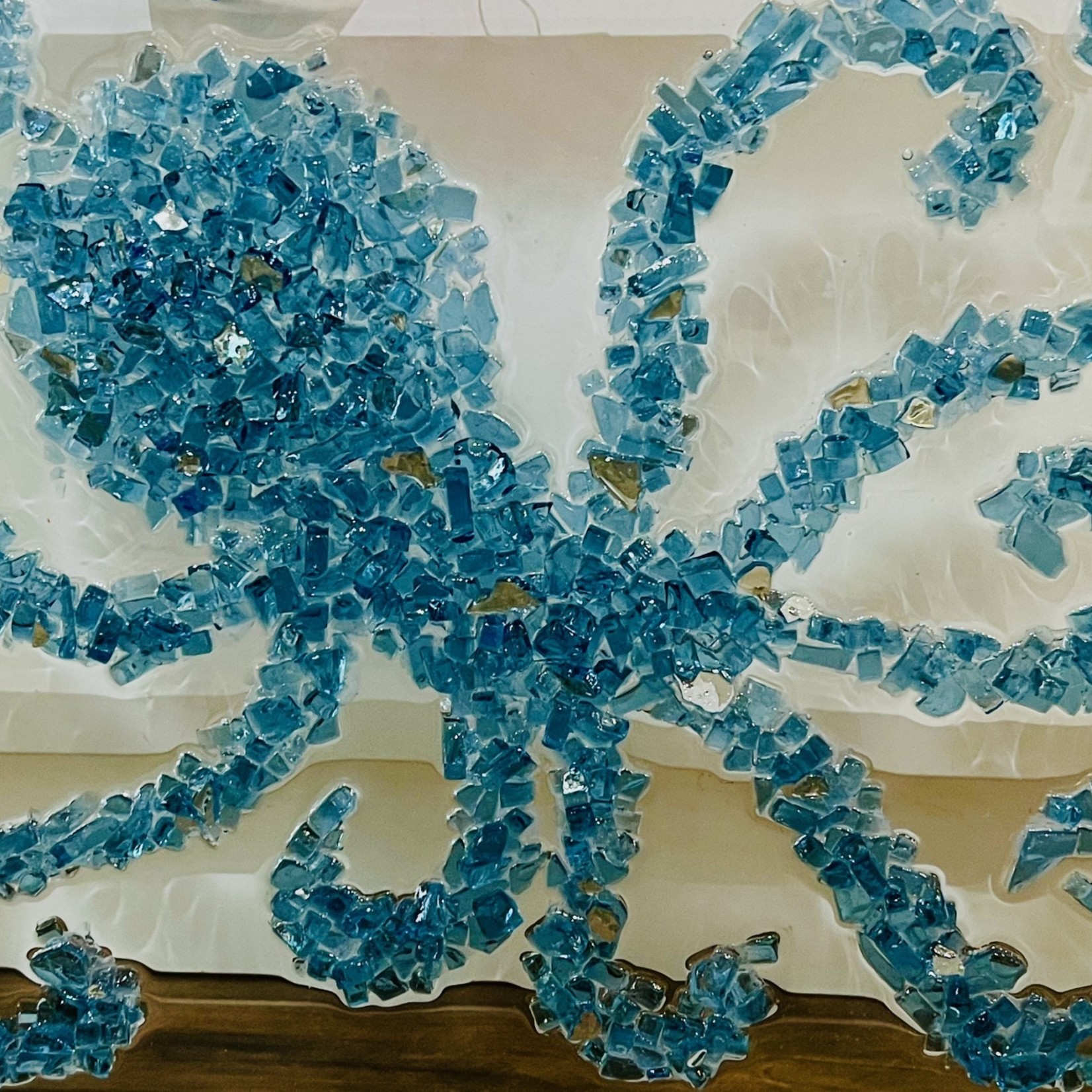 Sue by the Seashore Octopus, crushed glass, 13x13" framed, SUES