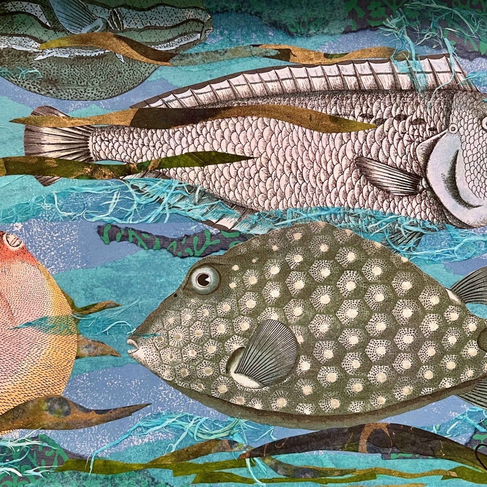 Pam Maschal FISH COLLAGE, vintage framed, 17.5x13.5", PAMM
