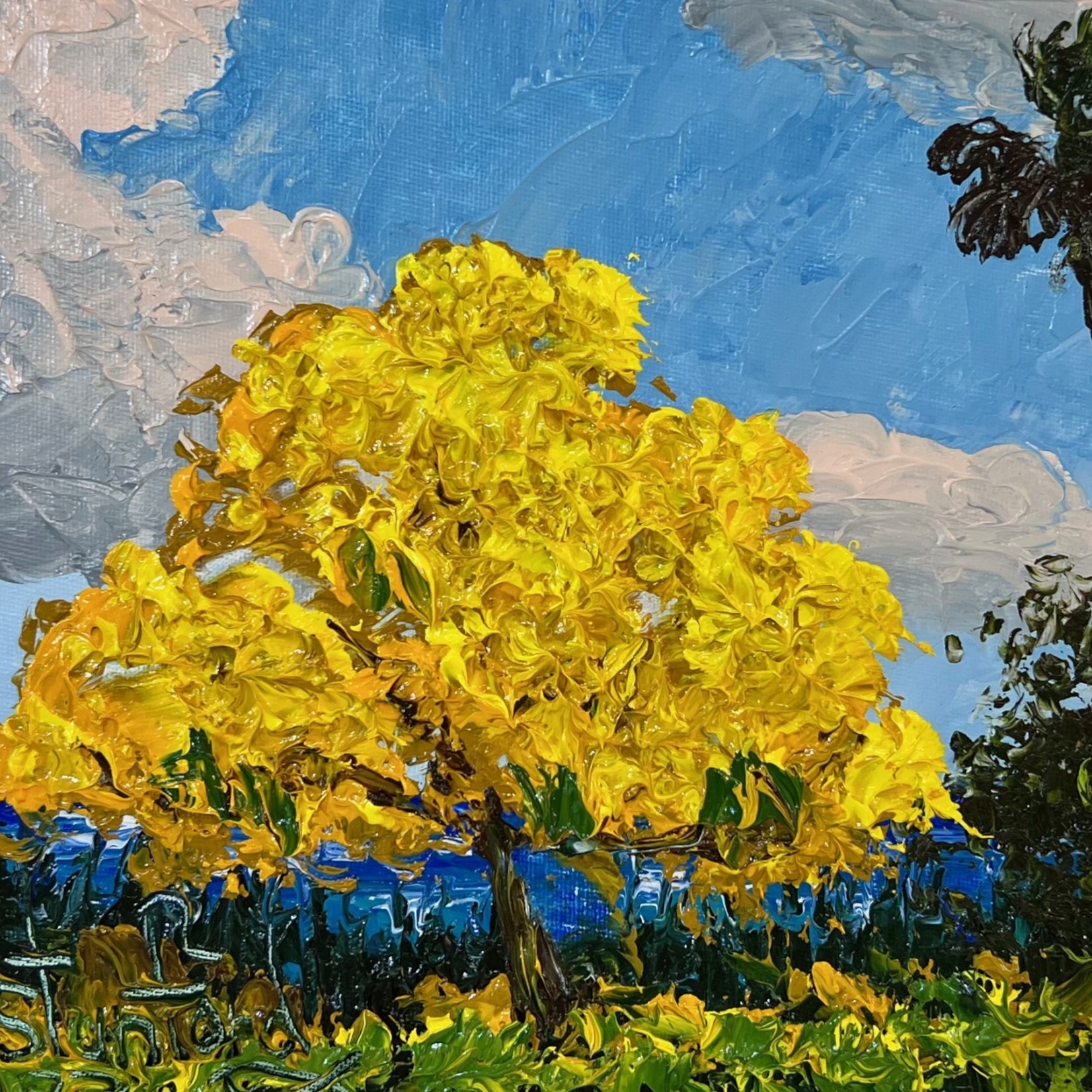 Highwaymen: Original, 2nd Generation, Legacy Yellow Poinciana by Mark Stanford, oil on canvas framed, 15x13", RARE