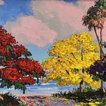 Highwaymen: Original, 2nd Generation, Legacy Three Beautiful Trees Blooming Together, by Mark Stanford, oil on masonite framed, 28x16" RARE
