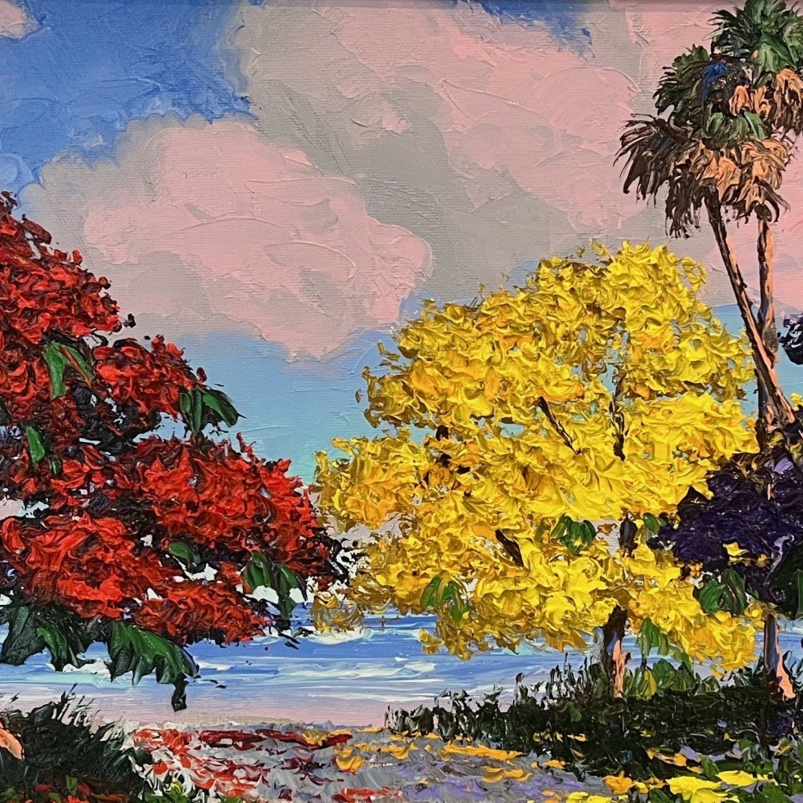Highwaymen: Original, 2nd Generation, Legacy Three Beautiful Trees Blooming Together, by Mark Stanford, oil on masonite framed, 28x16" RARE