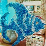 Sue by the Seashore Fish, blue, crushed glass, framed 17x17", SUES