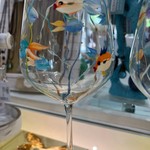 Mary Burnside Wine Glass, stemmed, handpainted,  multi, fish motif, MARY