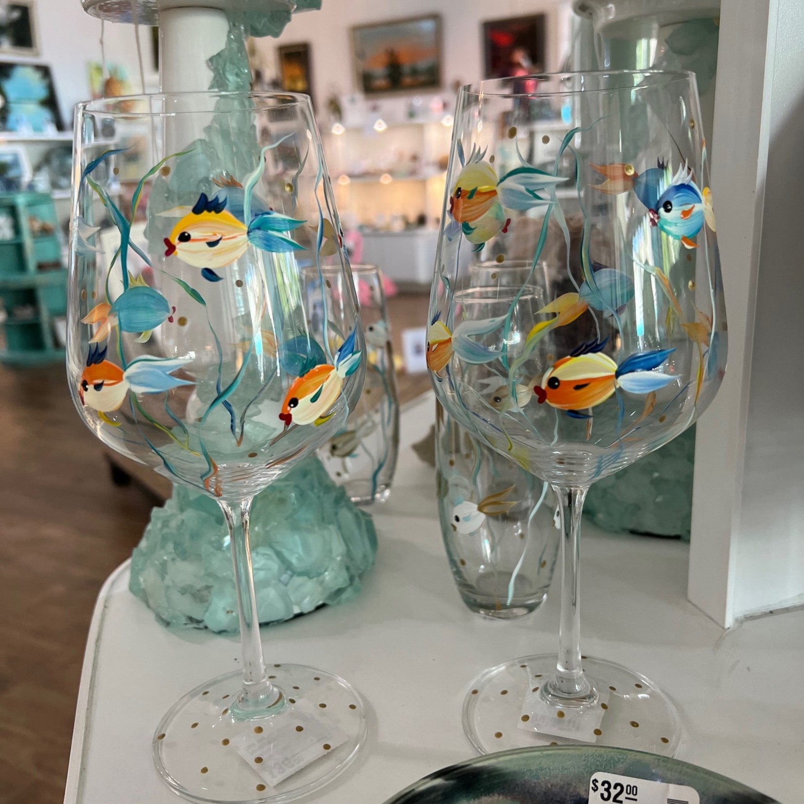 Mary Burnside Wine Glass, stemmed, handpainted,  multi, fish motif, MARY