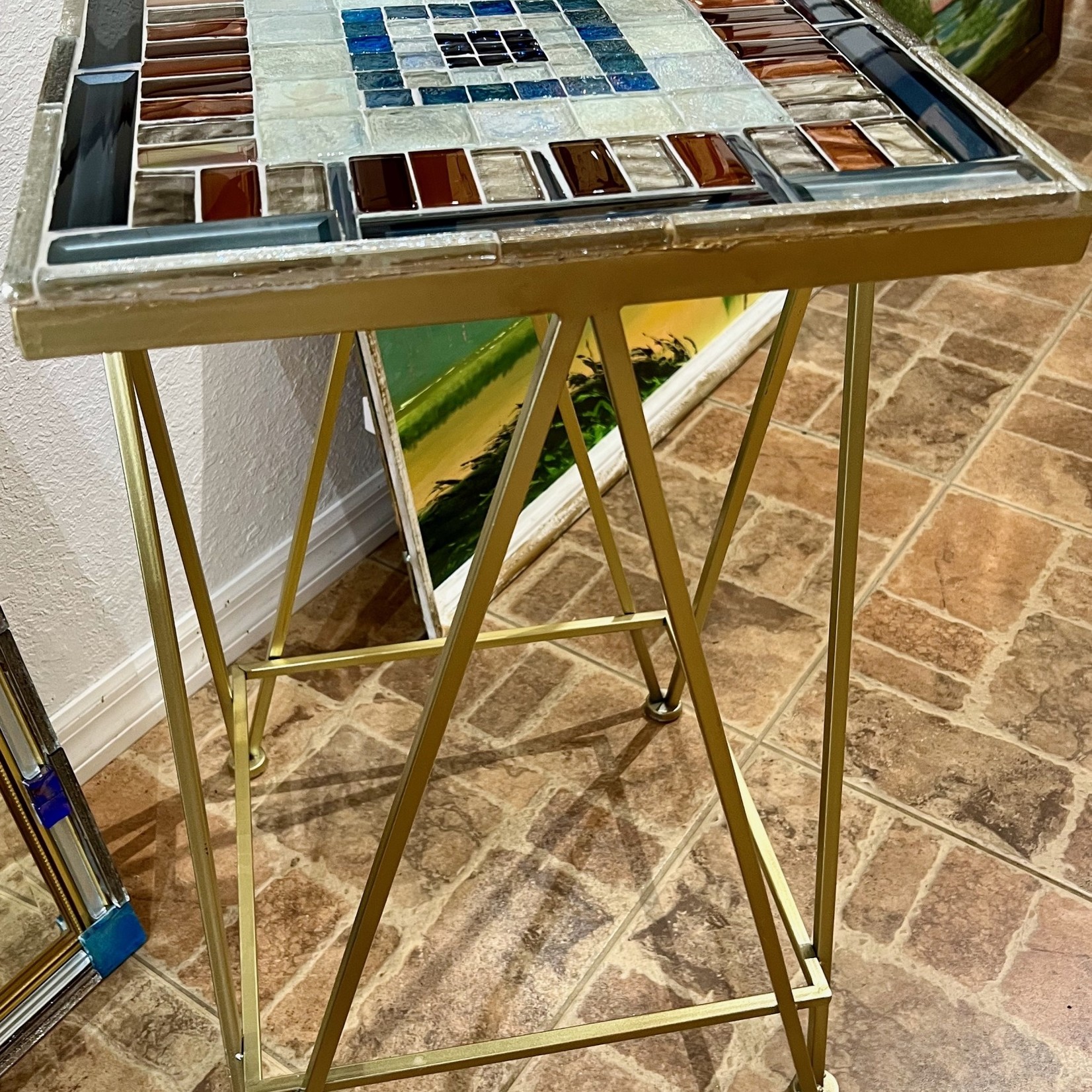 Designs by Ken Accent Table, glass on glass, mosaic, metal base, 15" sq, 26" h, DBK