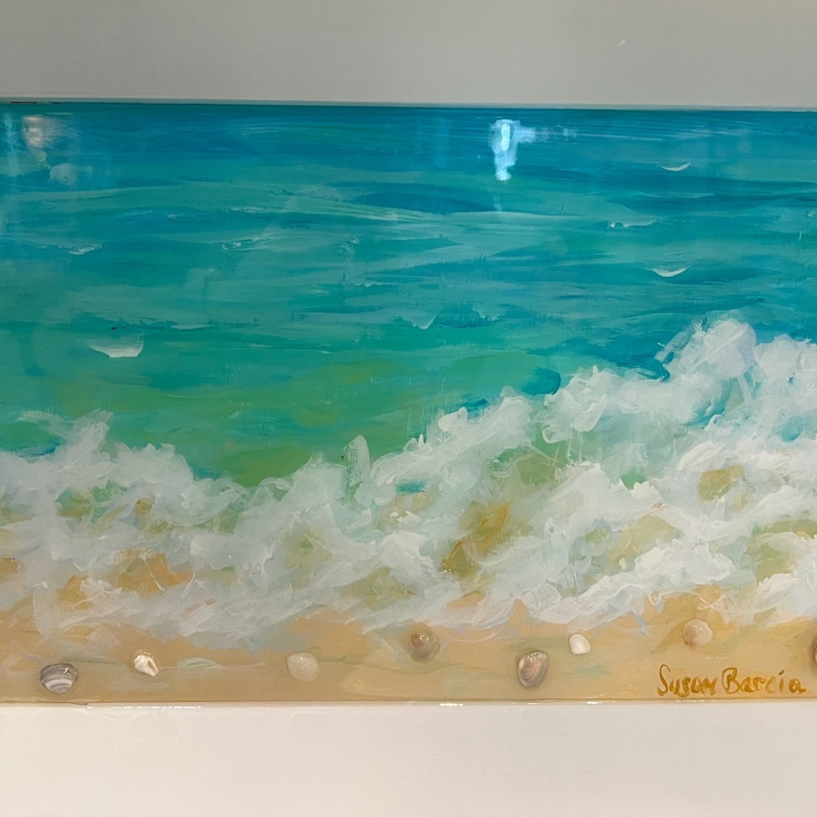 Susan Marinaccio Tray, handpainted seascape w/resin and shells, white w/handles, 18x 12", SUSM