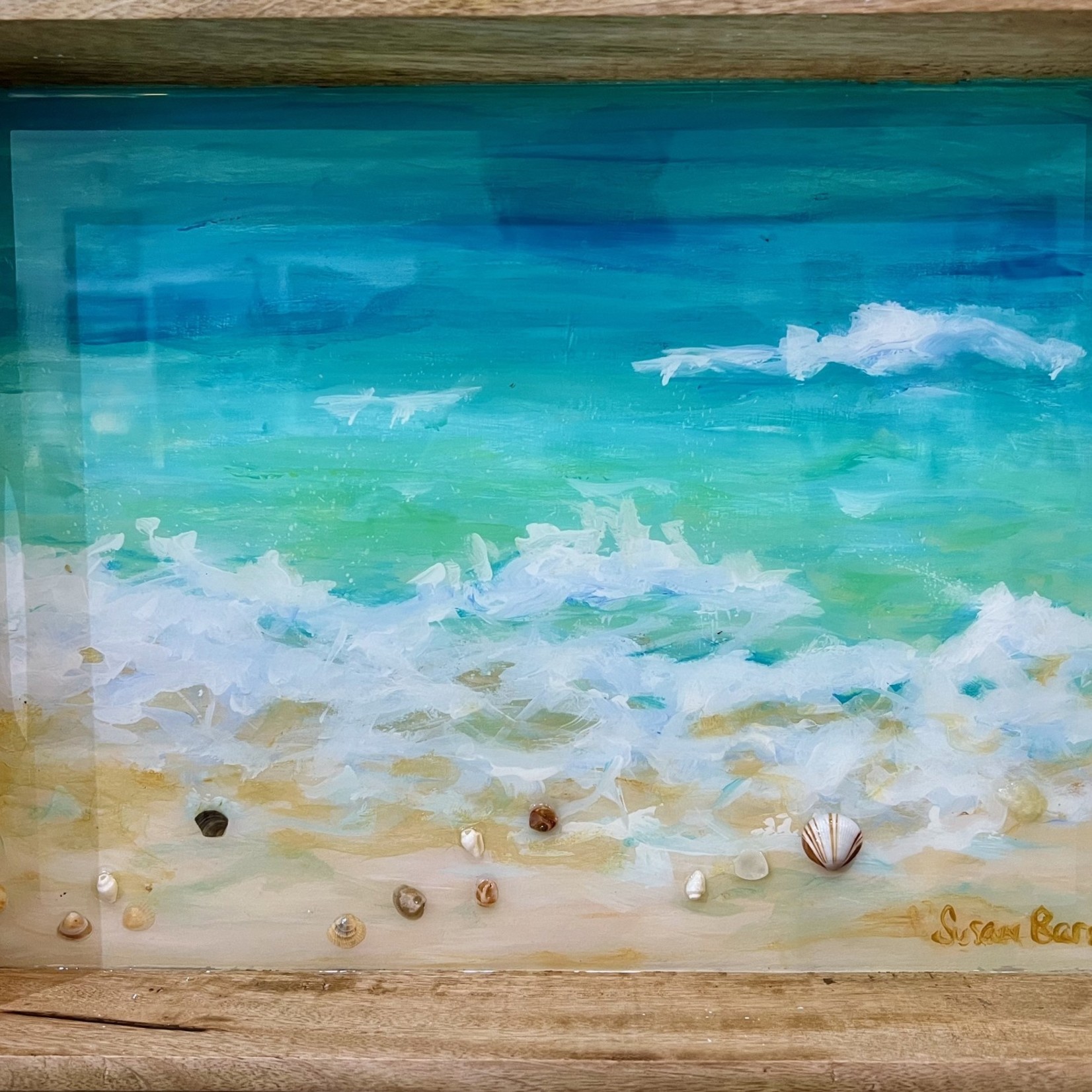 Susan Marinaccio Tray, handpainted seascape w/resin and shells, wood w/handles, 16x12", SUSM