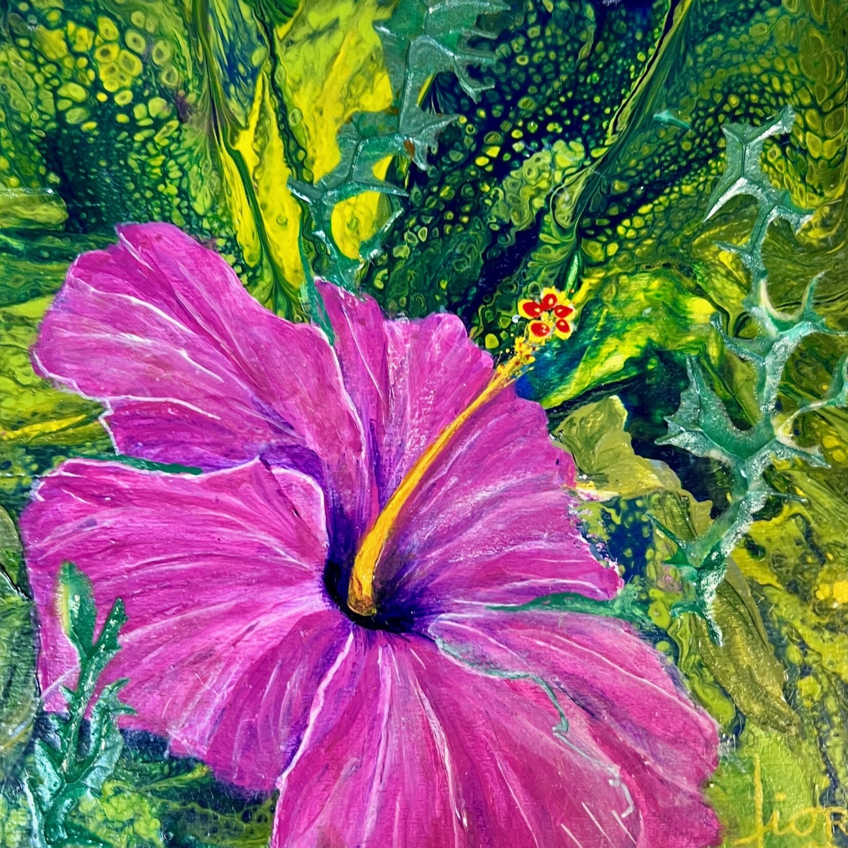 Fiori Ferraris Magenta Hibiscus, painting on wood, 5x5", FIORI