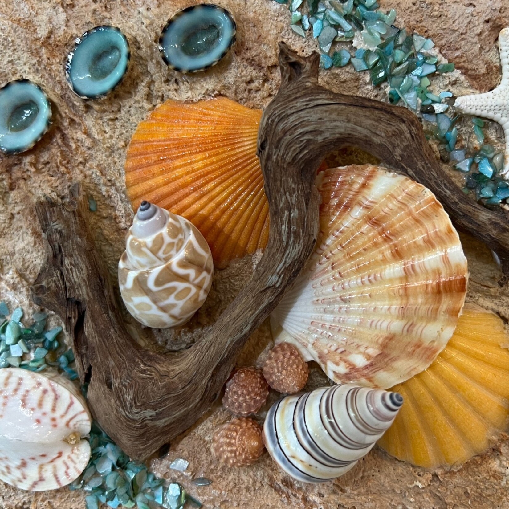 Carol Merritt Mixed media with seashells and driftwood, 7x5" on easel, CARM
