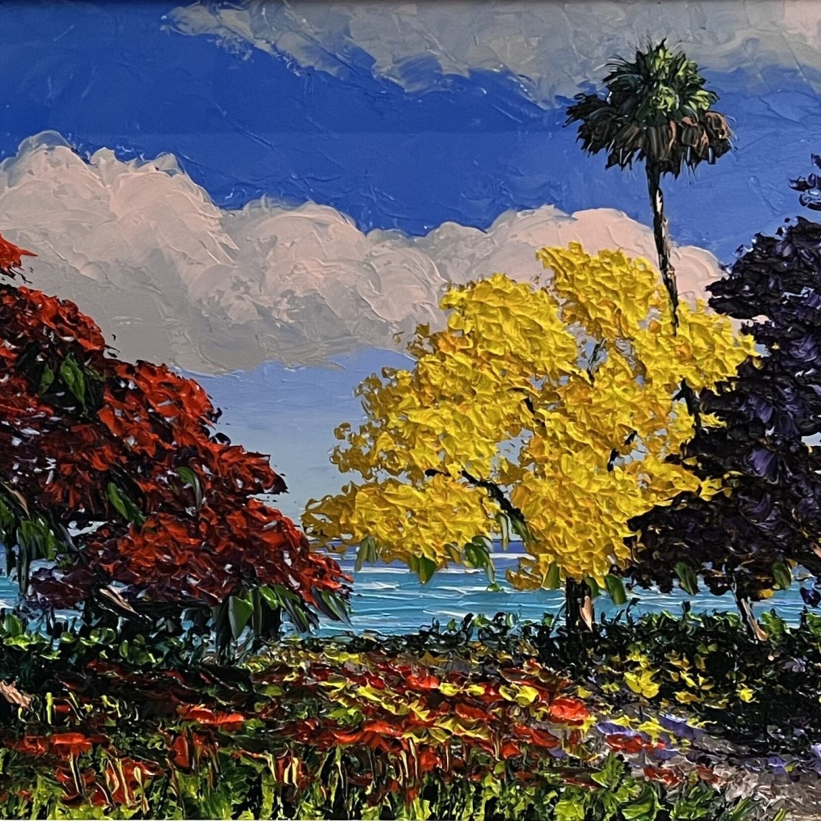 Highwaymen: Original, 2nd Generation, Legacy Trifecta Trees of Colorful Blooms, by Mark Stanford, Palette knife oil on canvas, framed, 14x27" RARE