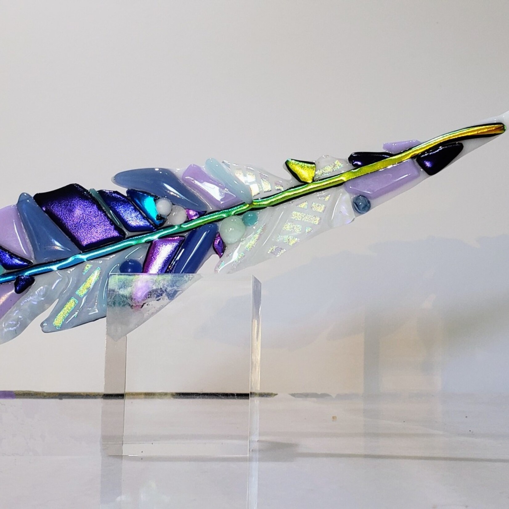 Lois Brezinski Artworks Neo-Lavender Multi Feather, fused glass on acrylic stand, LOIS
