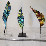 Lois Brezinski Artworks Orange Fire Feather, fused glass on acrylic stand, LOIS