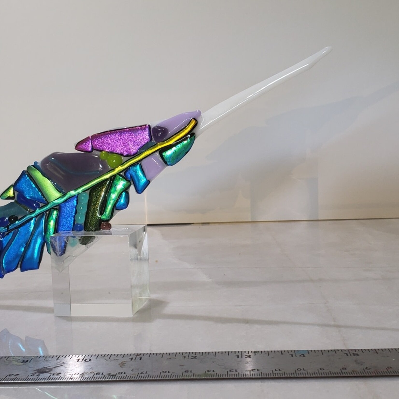 Lois Brezinski Artworks White Lavender Feather, fused glass on acrylic stand, LOIS