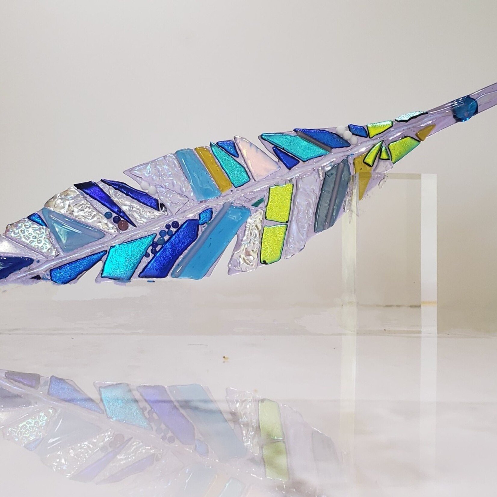 Lois Brezinski Artworks White Lavender Feather, fused glass on acrylic stand, LOIS