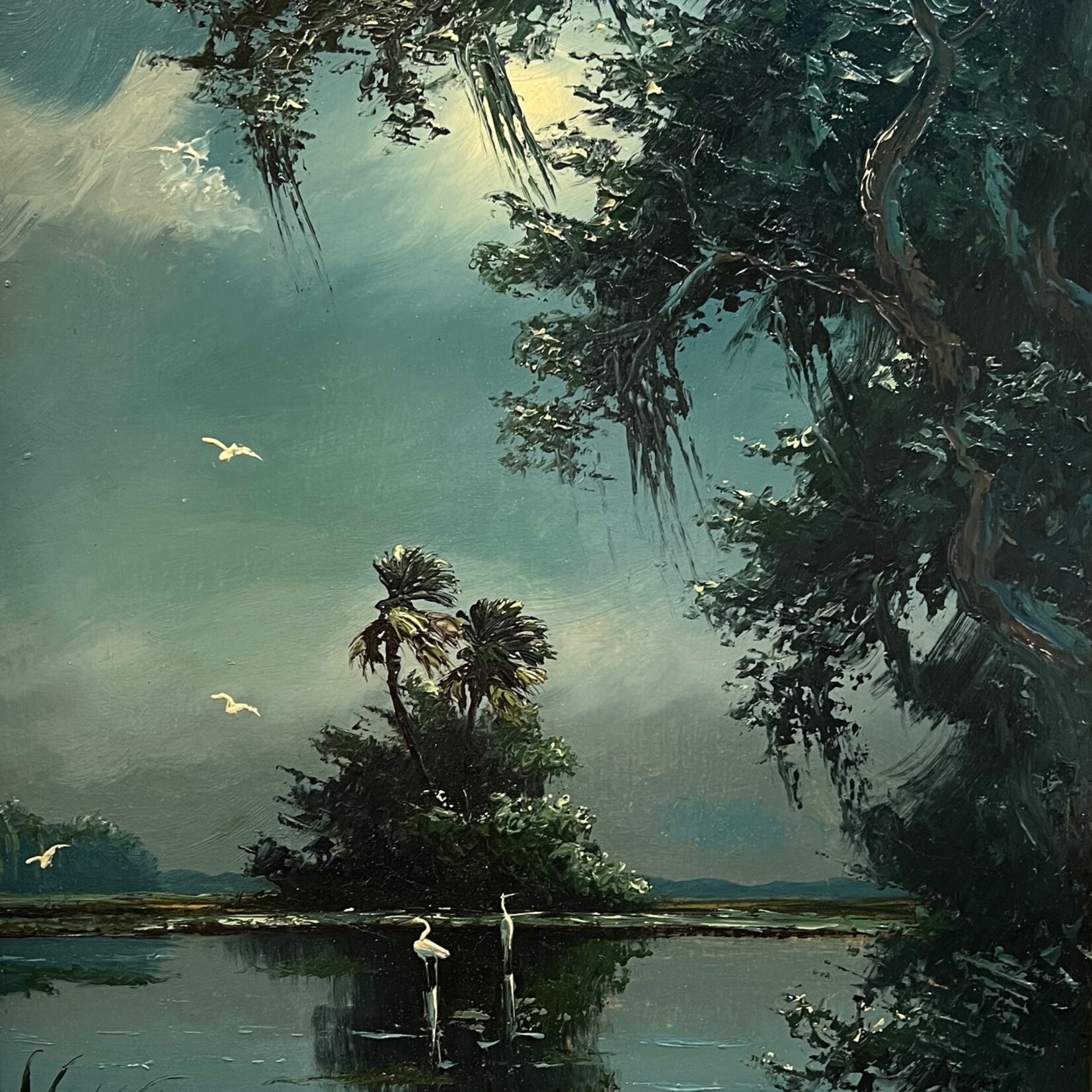 HIGHWAYMEN, Sam Newton, Deep Moonlight River Scene, early oil on Upson