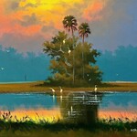 Highwaymen: Original, 2nd Generation, Legacy HIGHWAYMEN, Willie Daniels, "Spoil Island Sunset" oil on canvas, 33x26" framed, RARE