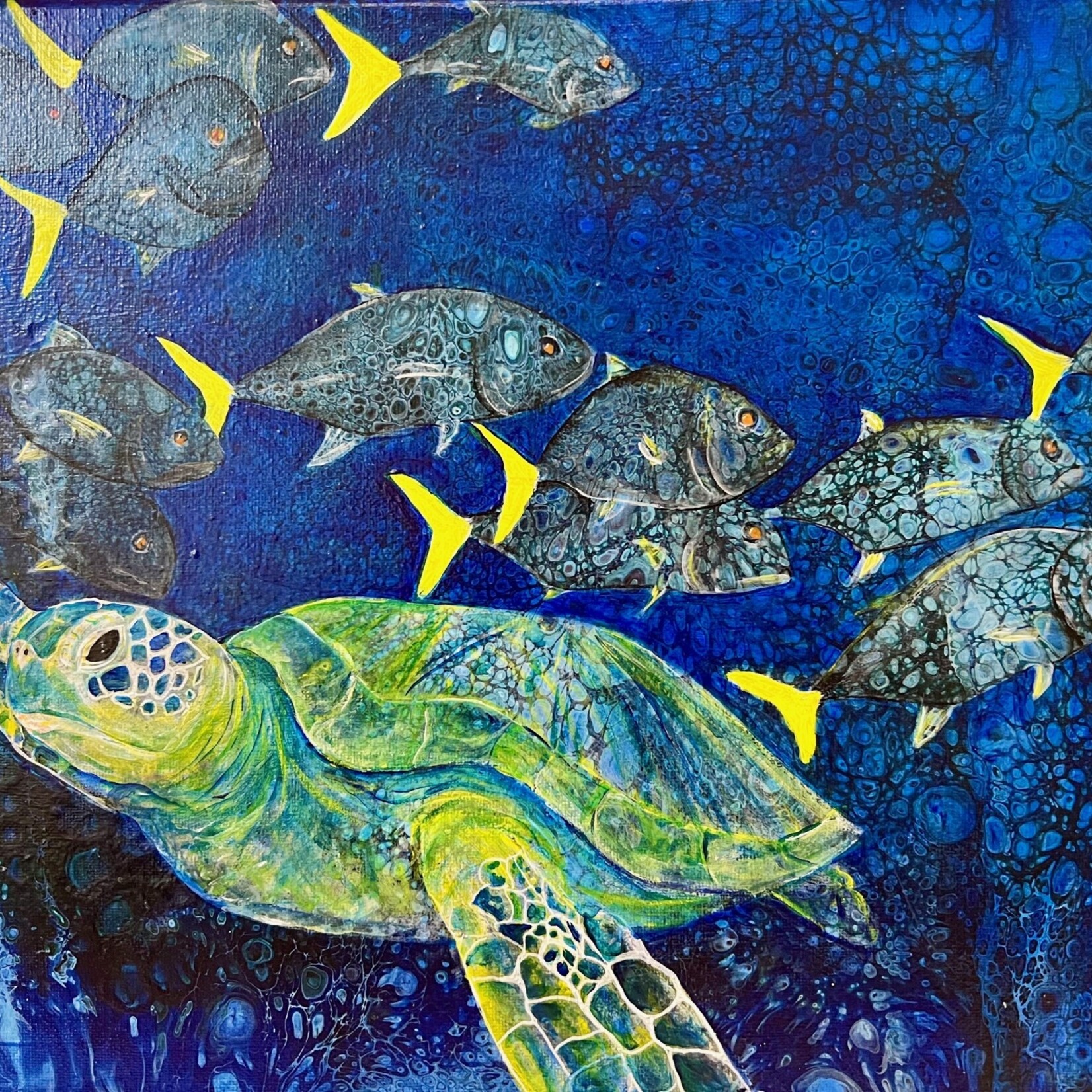 Fiori Ferraris Turtle in Cobalt Waters w/fish, original on GW canvas, 16x12", FIORI