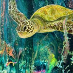 Fiori Ferraris Turtle in Neon Waters, original on GW canvas, 12x16 w/frame", FIORI