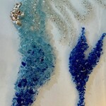 Sue by the Seashore Mermaid, blue, crushed glass, framed,33x17", SUES