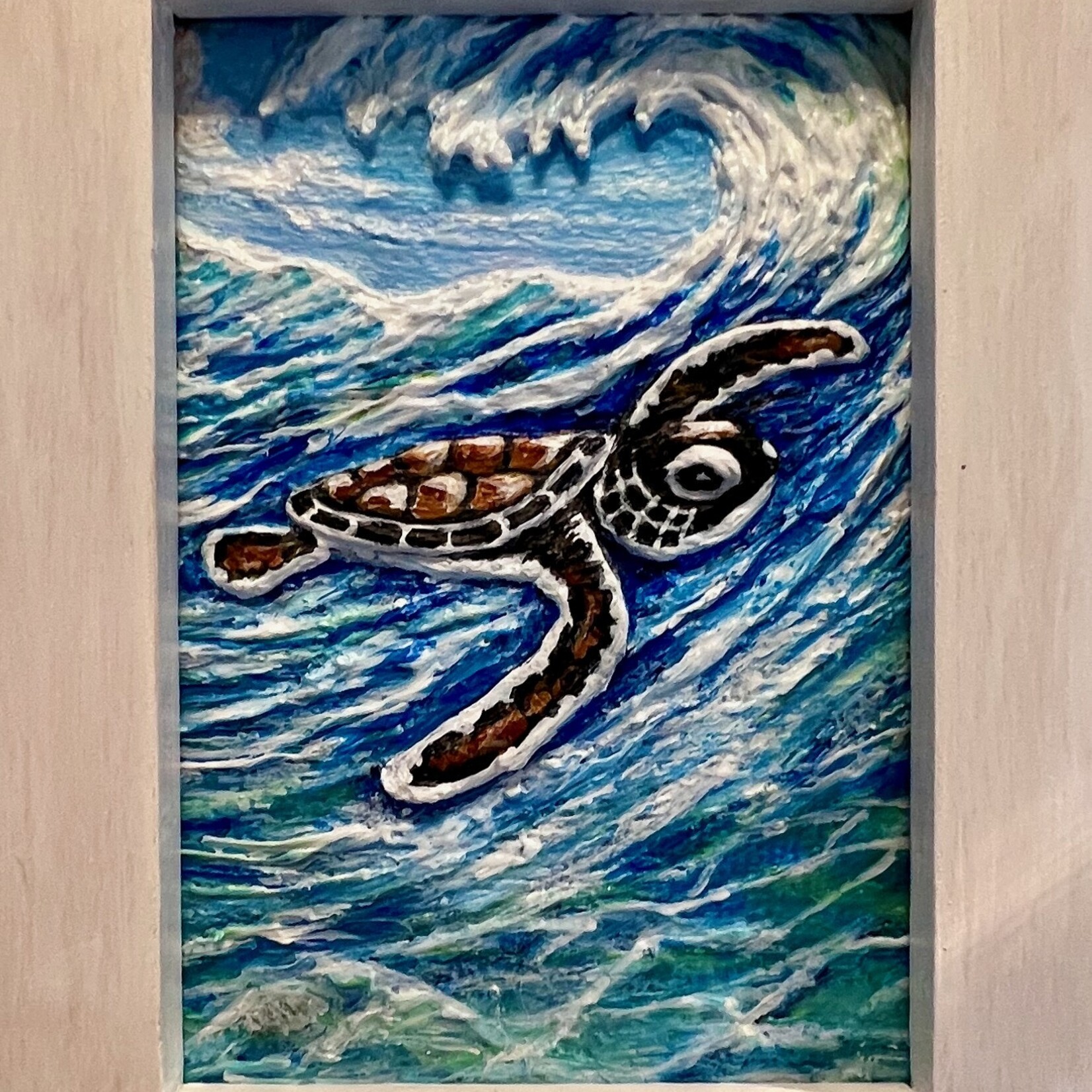 Carol Merritt "Just Keep Swimming" turtle in wave, @4x5" framed, CARM