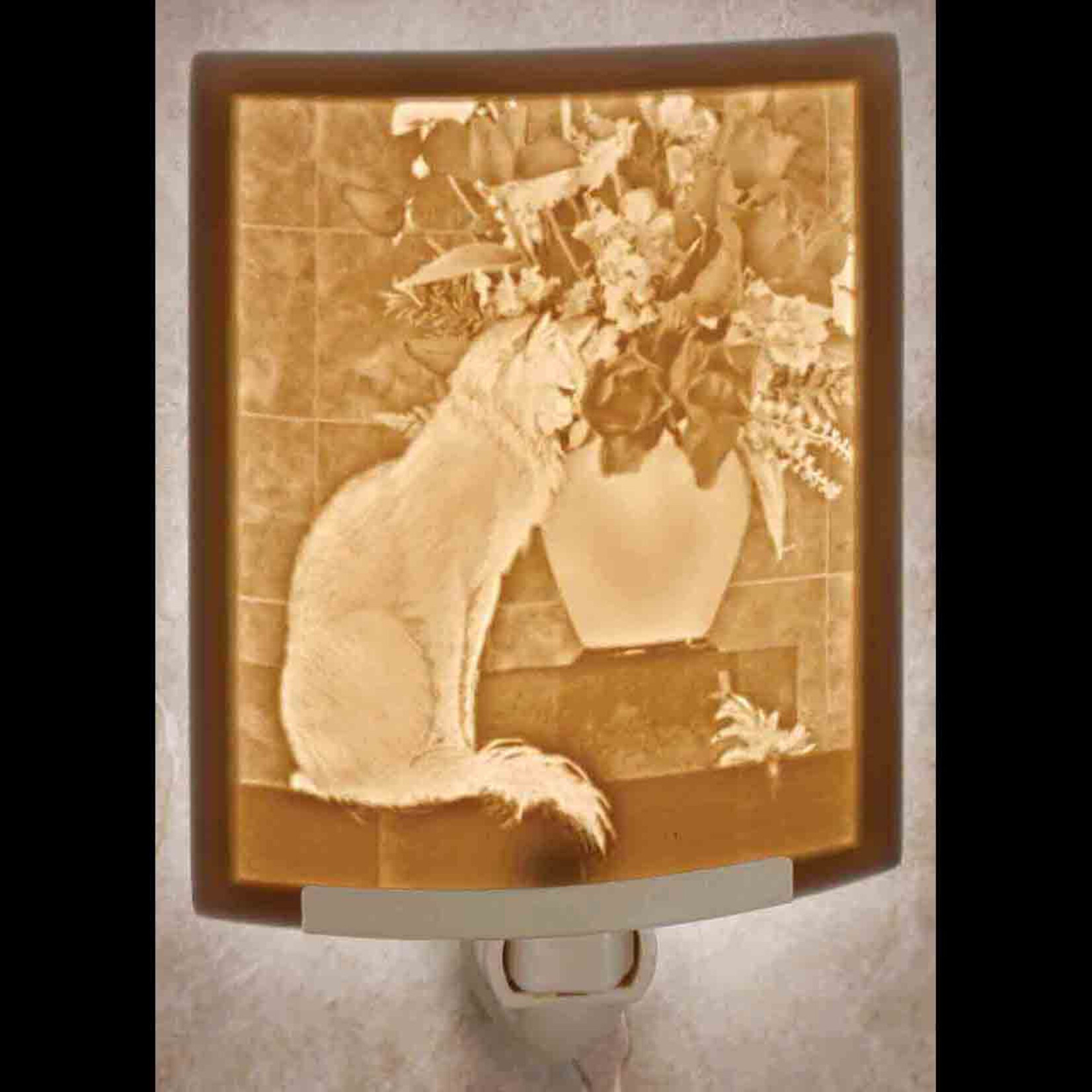 Porcelain Garden Nightlight, Lithophane, Porcelain, CAT WITH FLOWERS, PORG