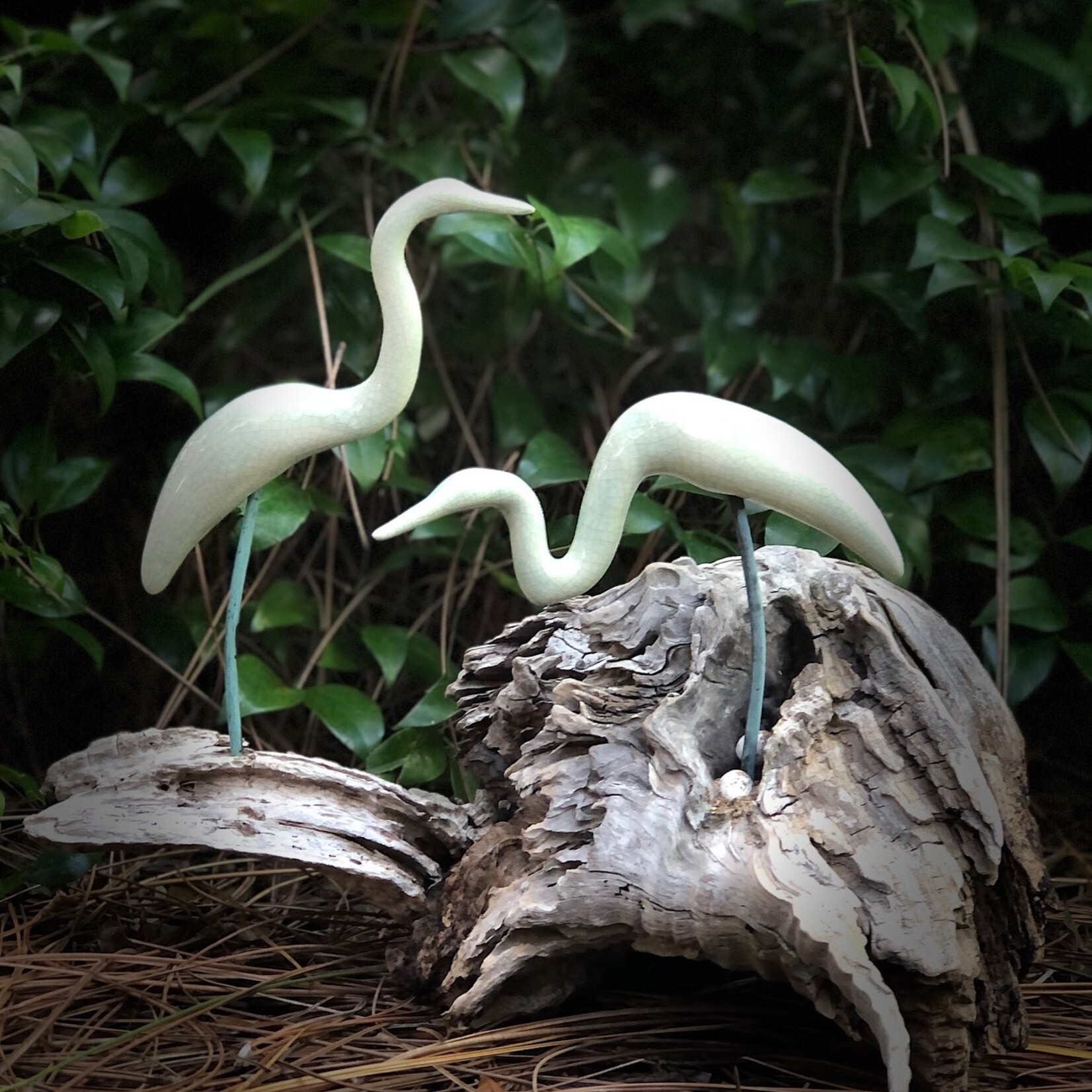 Molly Potter Thayer "Mint Egrets Feeding", birds on driftwood, 14x10x16", MOLT