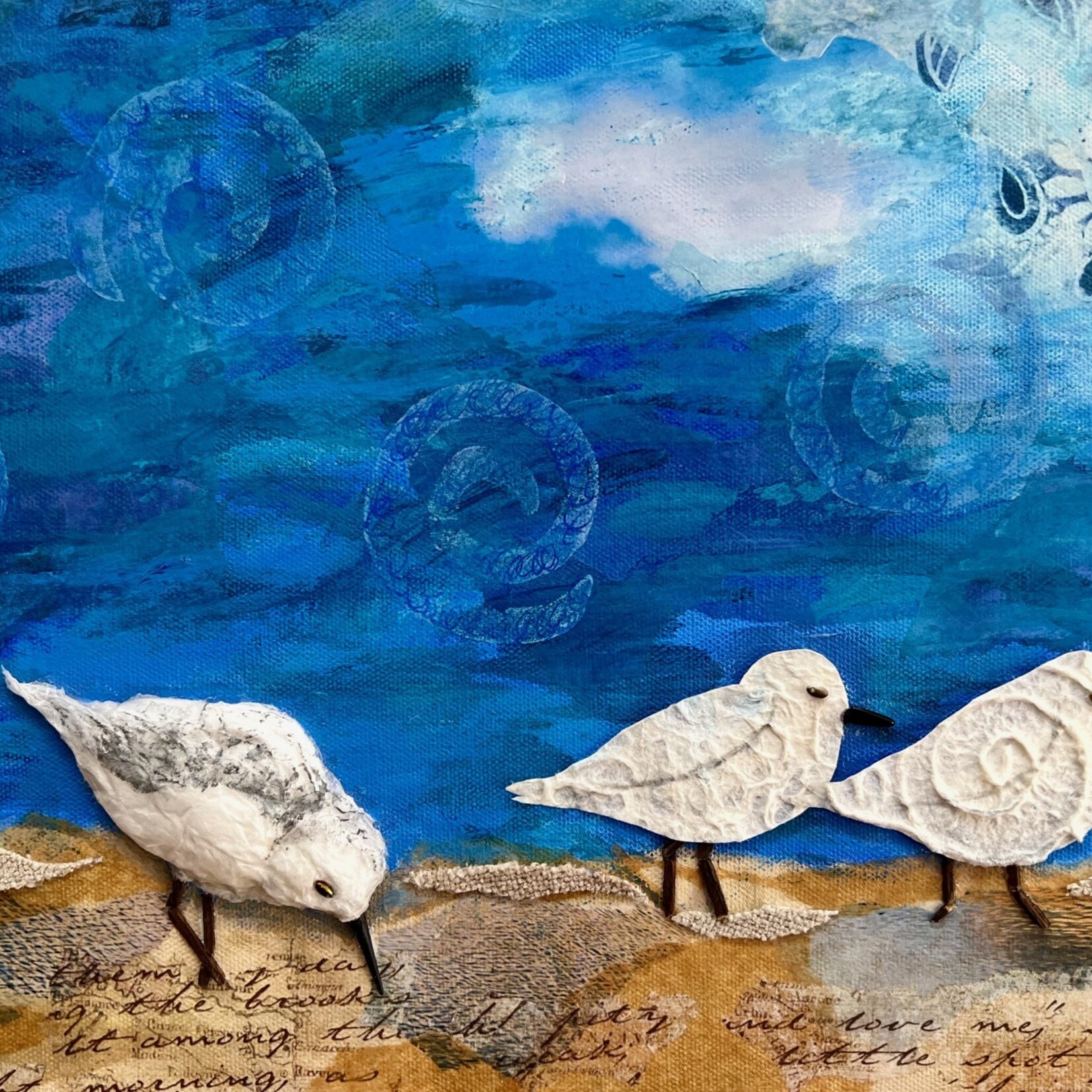 Susan Estrella "Brunch at the Beach", Mixed media collage w/3 birds/handmade paper, 16x12", SUSE