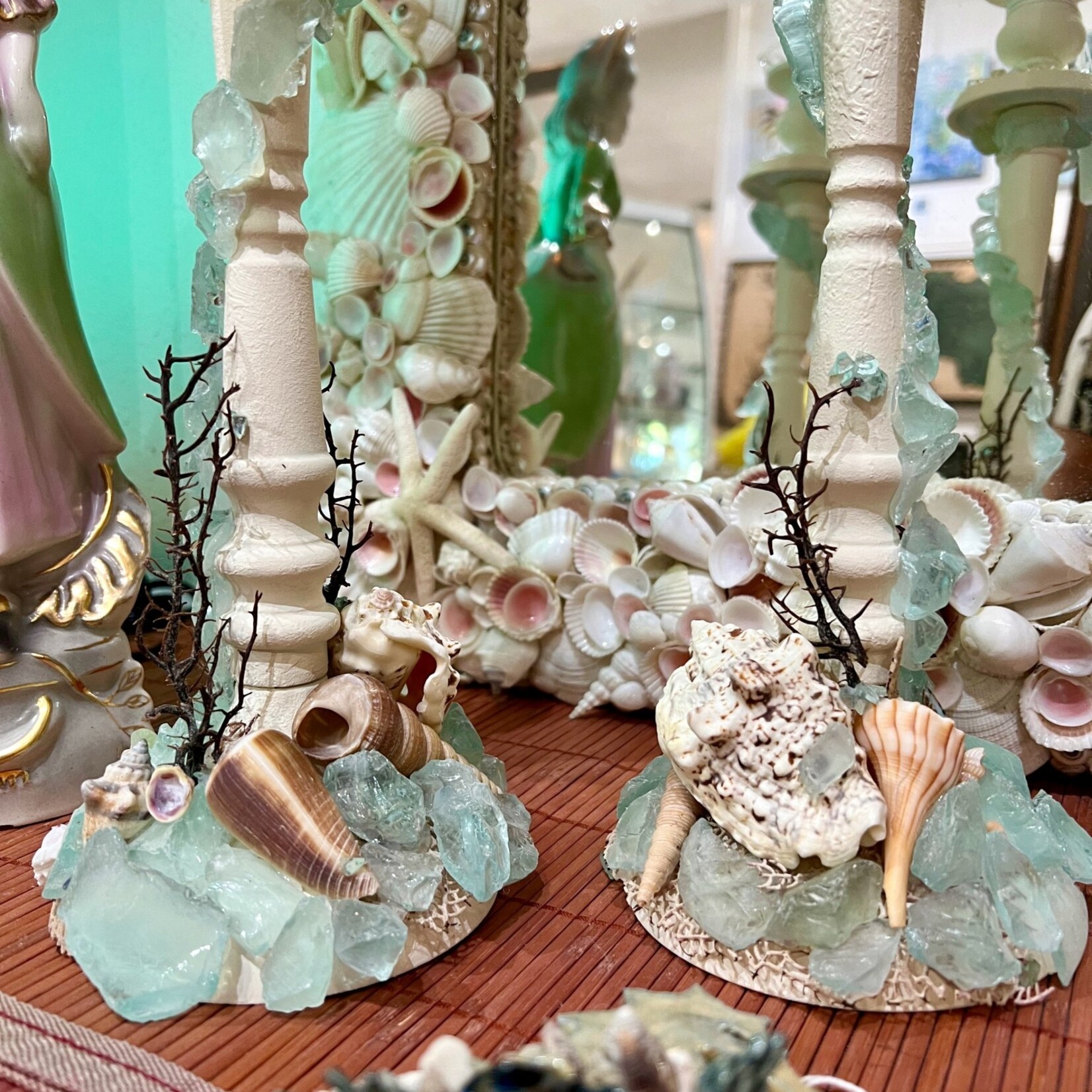 Mary Burnside Candleholder w/sea glass and shells, 12" high, MARY