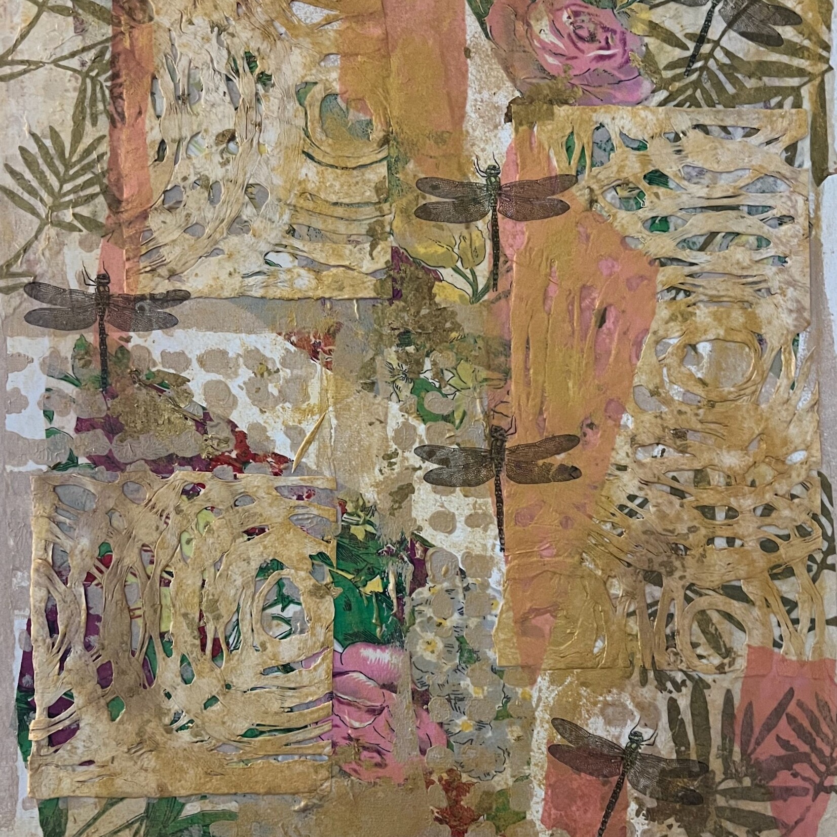 Pam Maschal Collage, Mixed Media w/dragonflies, 20x24", framed, PAMM