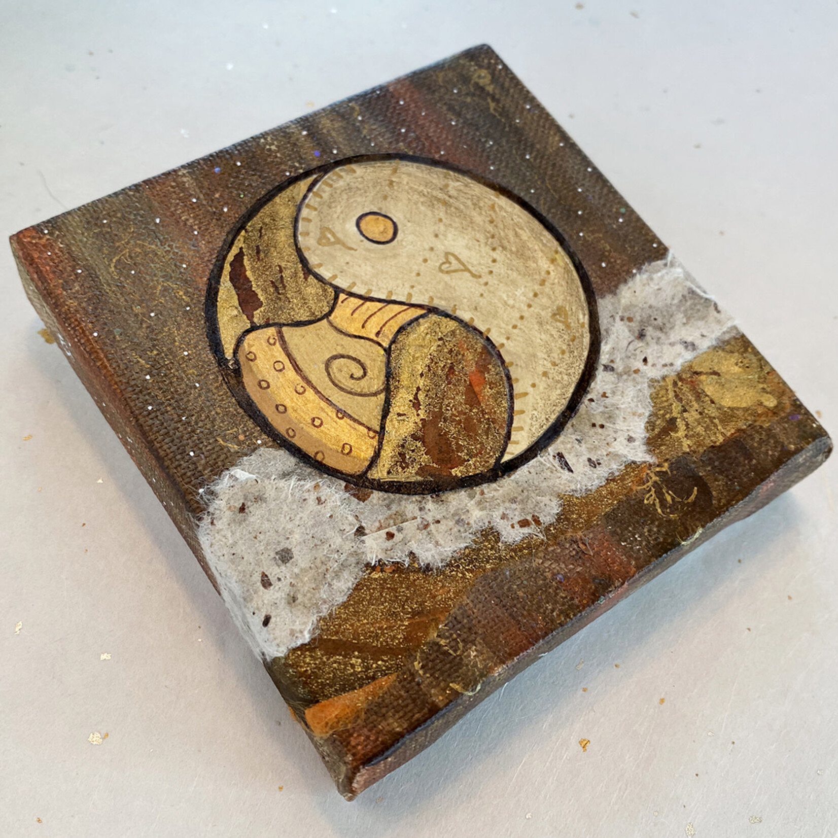 Susan Estrella Yin and Yang, gold/brown mixed media, 4x4", SUSE