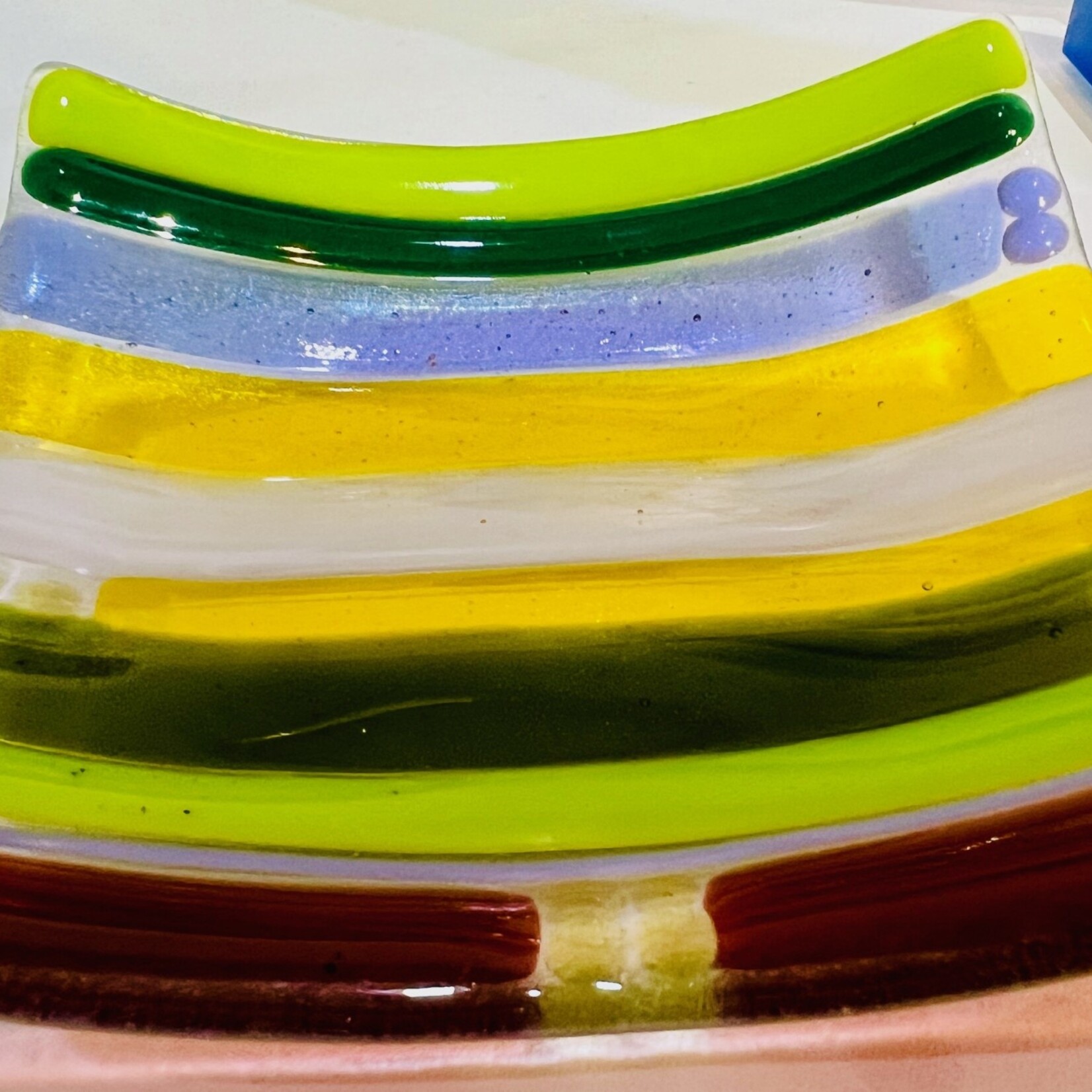 Lois Brezinski Artworks Multi-stripe small dish, 5" sq,  fused glass, LOIS