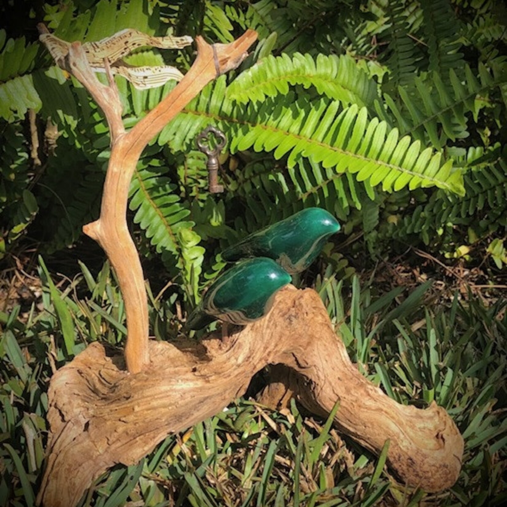 Molly Potter Thayer "Wind Song", driftwood w/green ceramic birds, MOLT