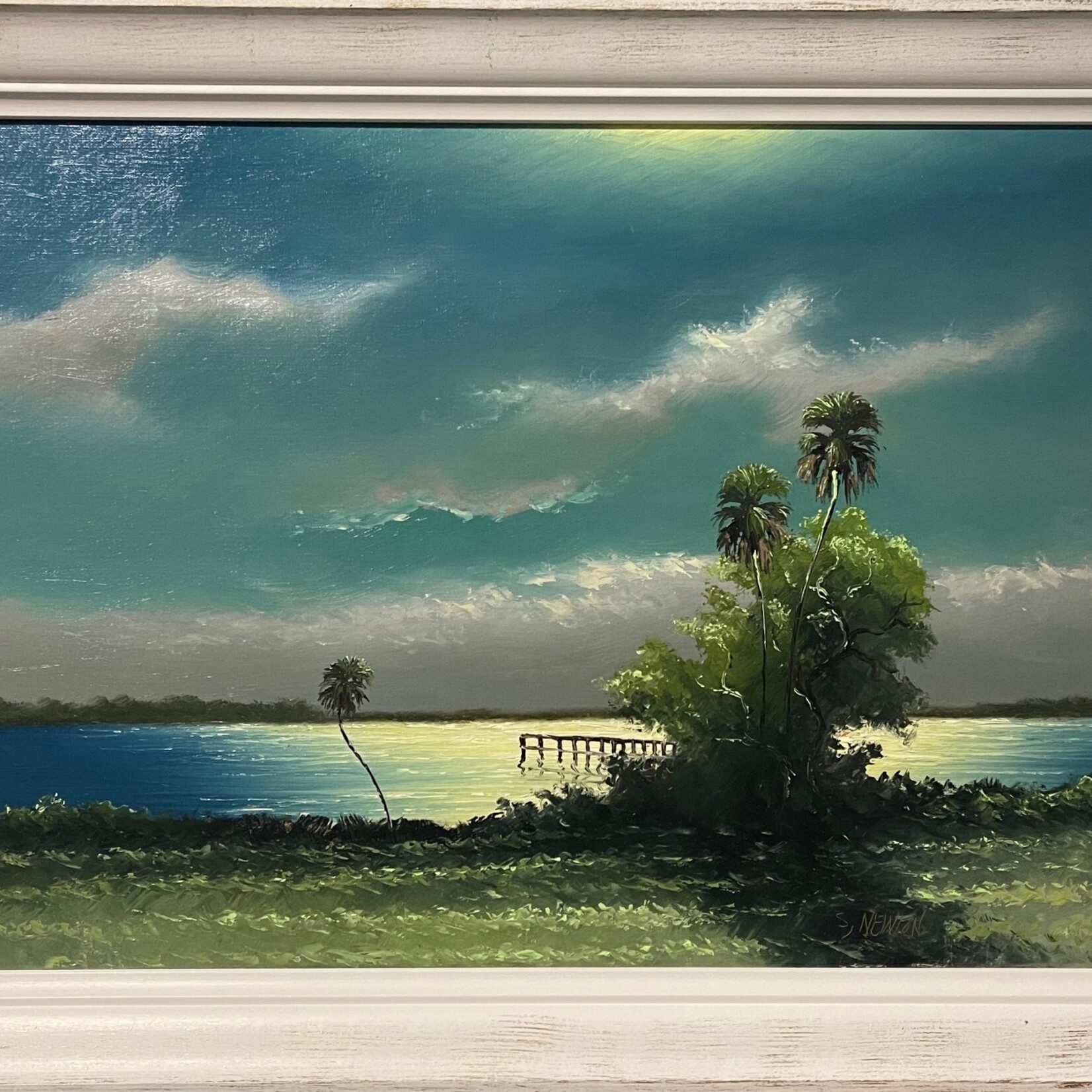 Highwaymen: Original, 2nd Generation, Legacy HIGHWAYMEN, Sam Newton, Deep Sky w/palms & dock, early '70s, 0il on Upson board, 36x24" (+ frame) , RARE