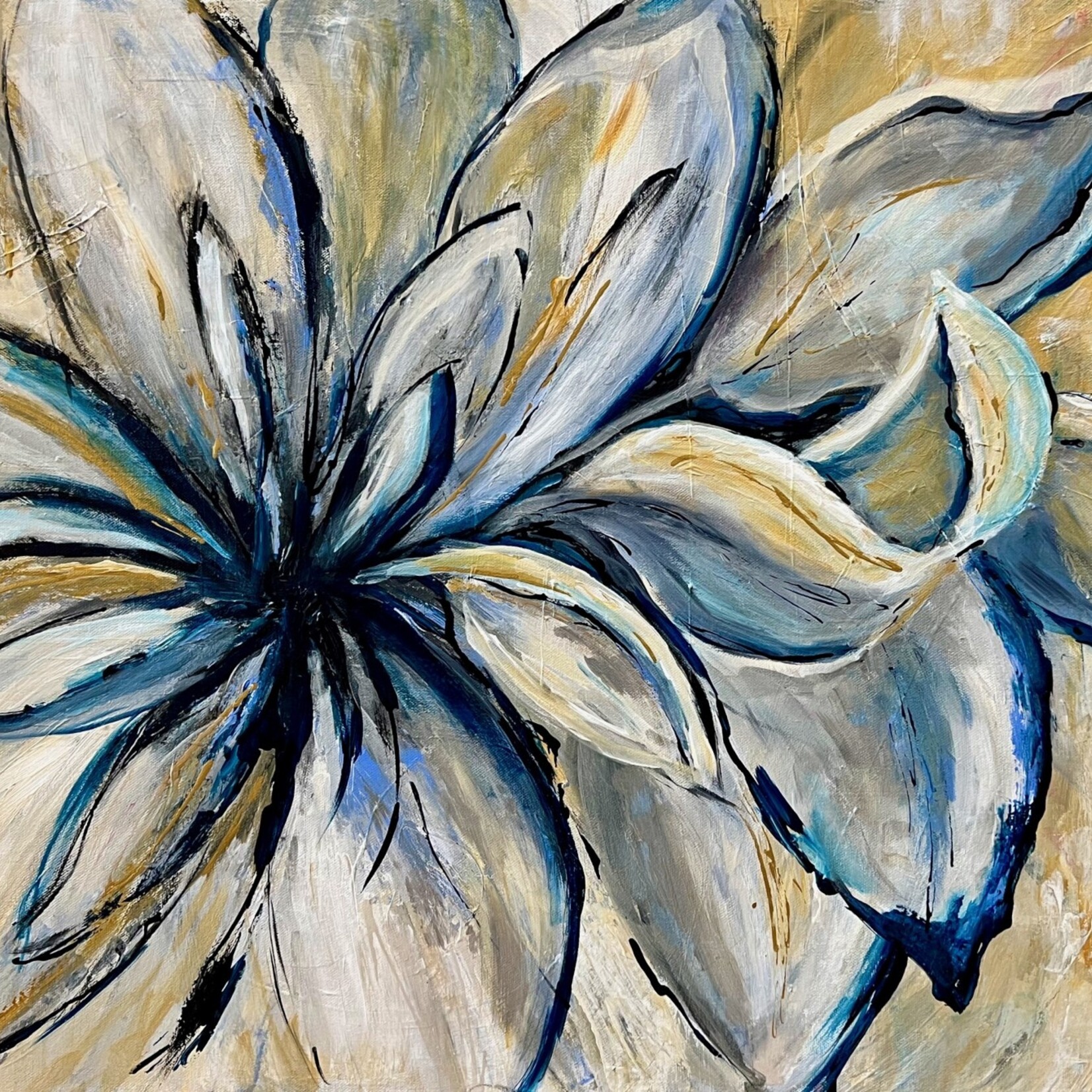 Susan Marinaccio "Silver Laguna Bloom", Orig acrylic on GW canvas, 36x24", SUSM