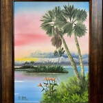 Maria Mills River Scene with Palms, oil on canvas, 16x20 framed, MARM