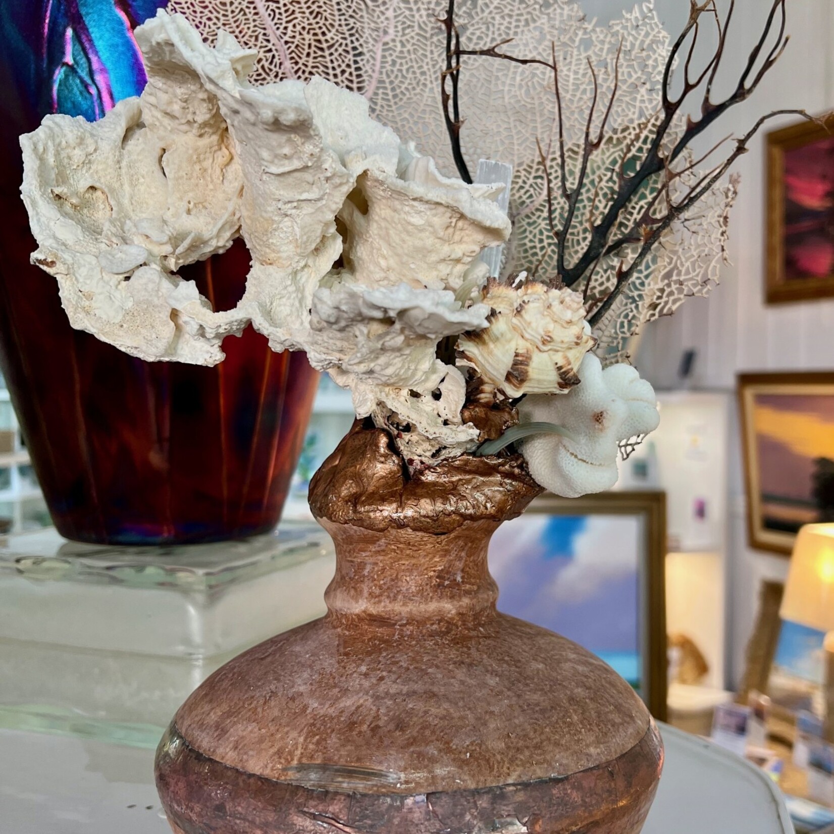 Mary Burnside Sculpture w/shells, crystals, coral, sea fan, 17", MARY