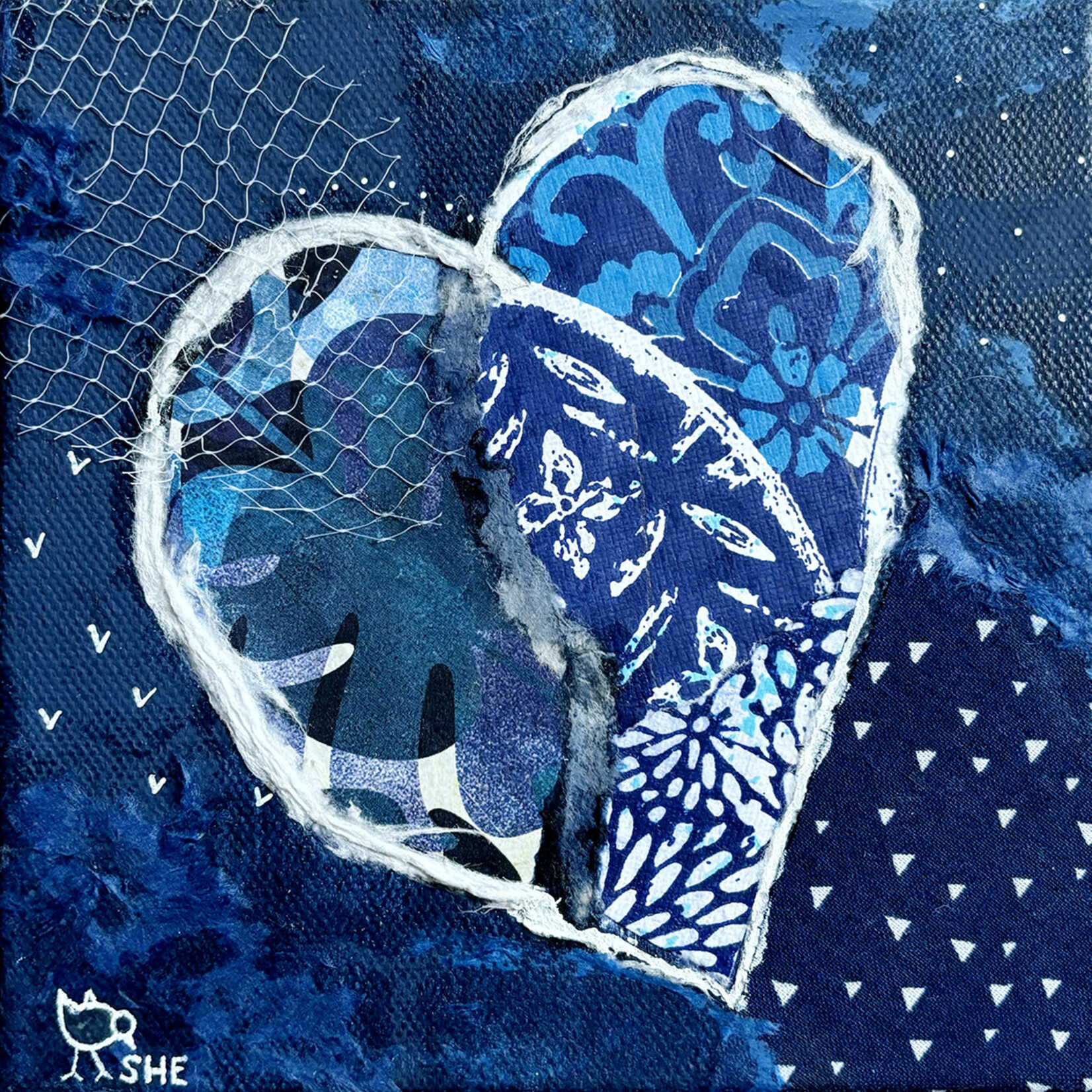 Susan Estrella "Points of Blue",  heart, collage/mixed media, 6" sq, SUSE