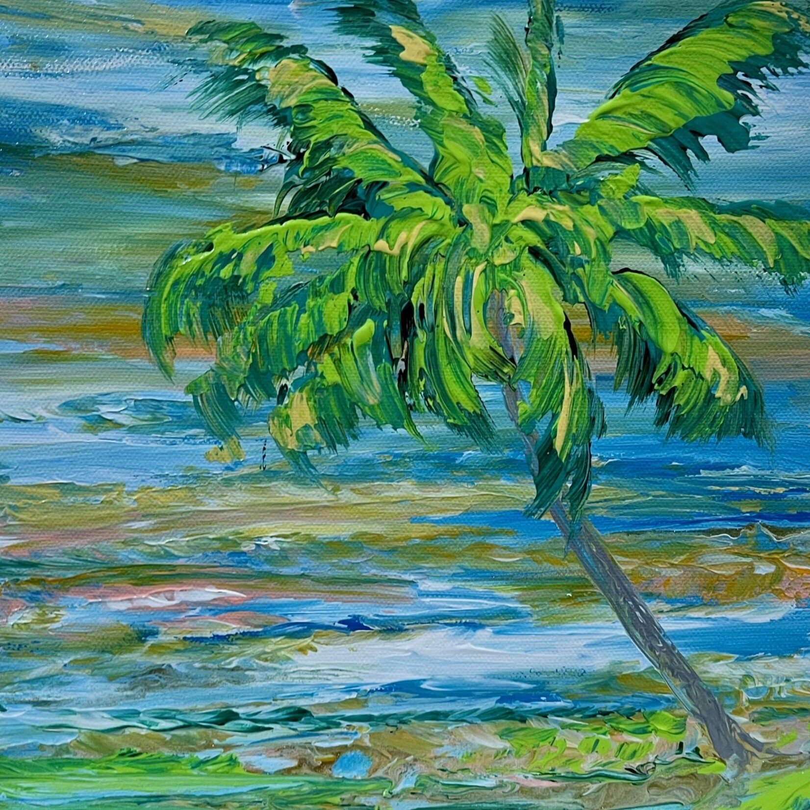 Lisa Jill Allison "Breezy Palm", Orig acrylic/Mixed media on gw canvas, 11x14", LISA
