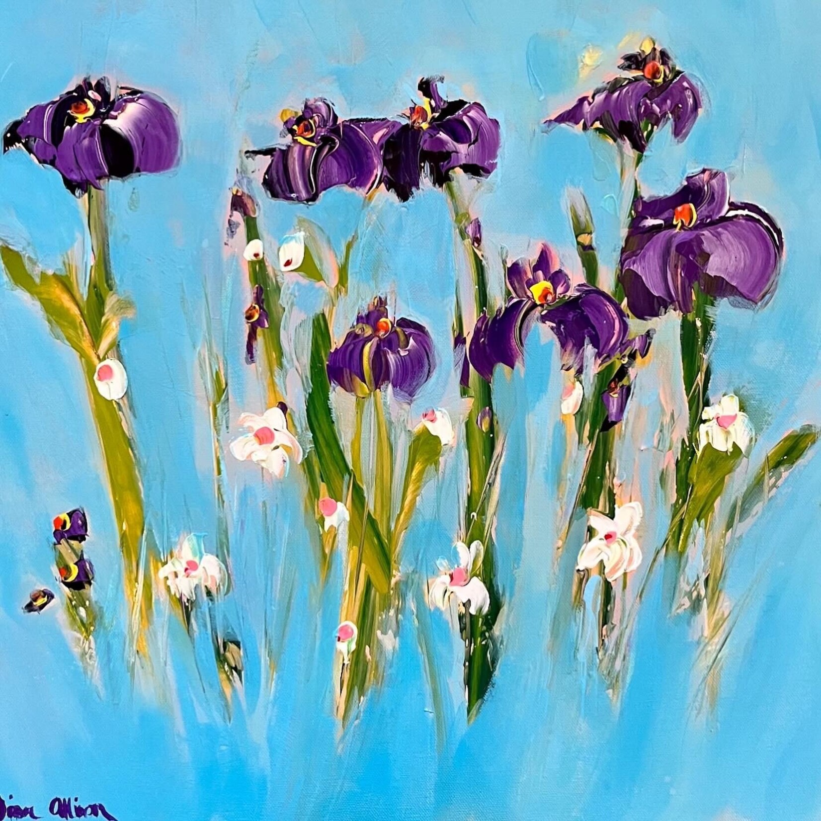 Lisa Jill Allison "Grandma's Garden", Irises on light blue, acrylic on GW canvas, 20x20", LISA