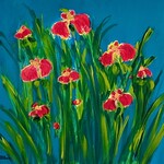 Lisa Jill Allison "Garden Glory", red/green on blue, acrylic on GW canvas, 20x20", LISA