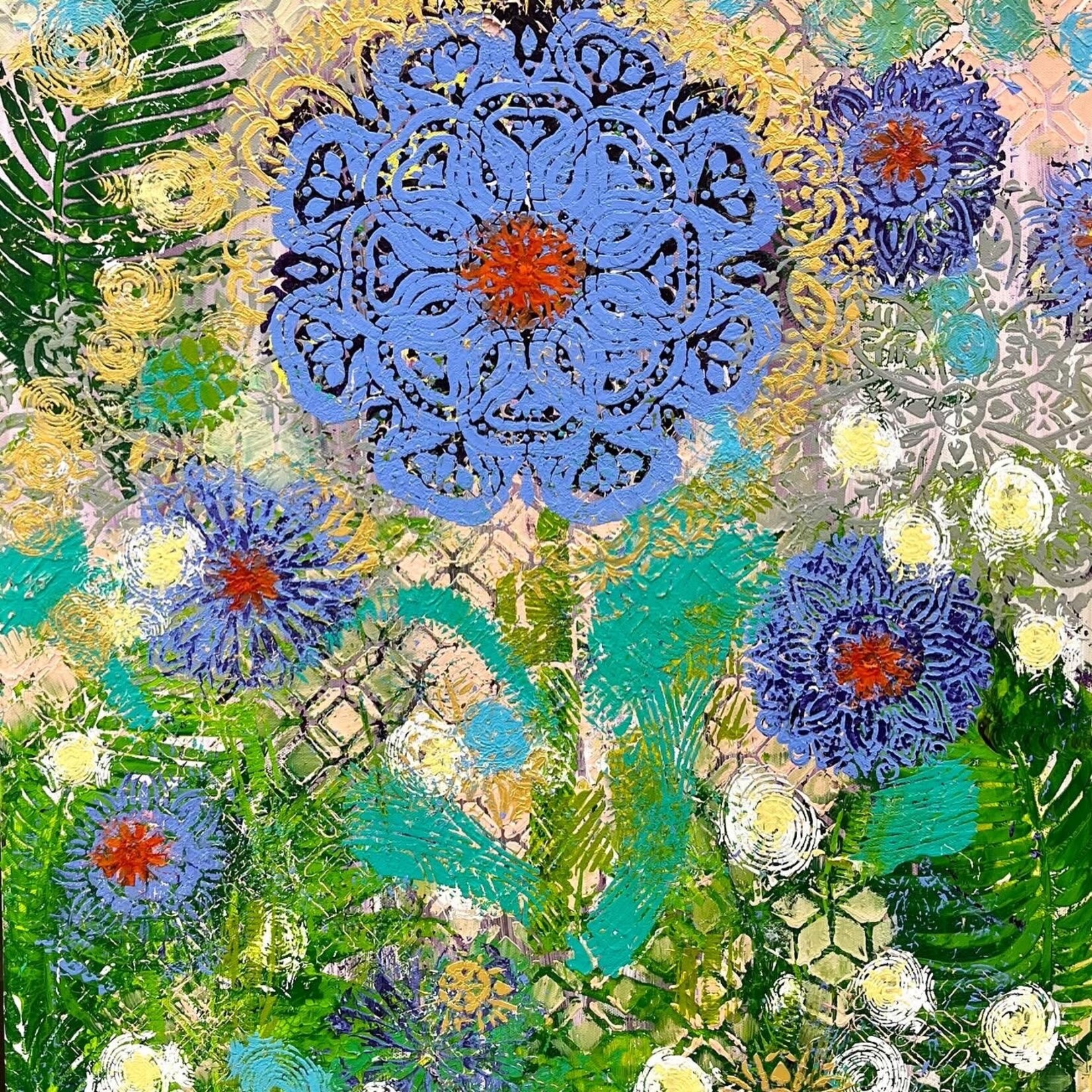 Lisa Jill Allison "Spring Fling", periwinkle, acrylic/mixed media on GW canvas, 36x24", LISA