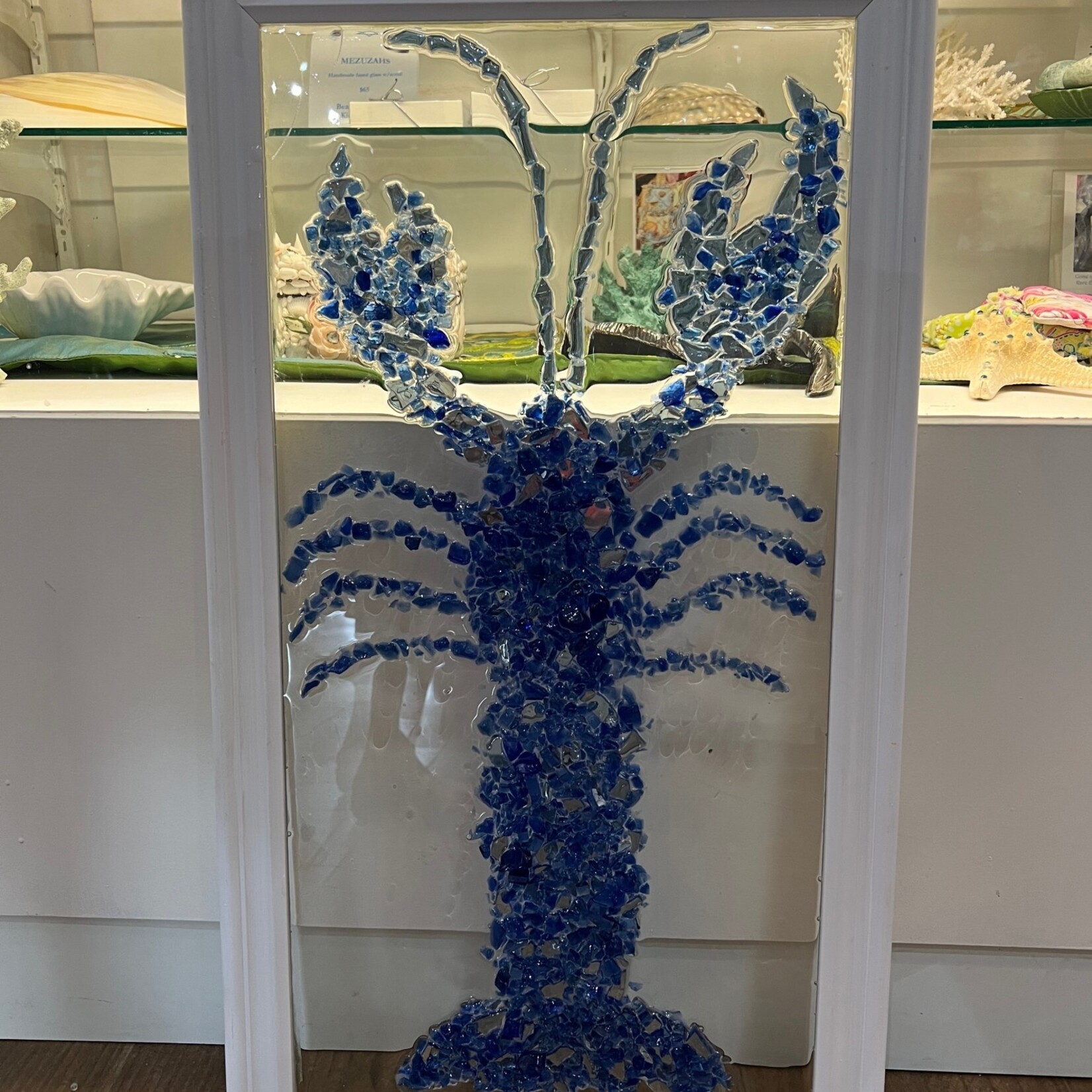 Sue by the Seashore "Lobstah", blue, framed, crushed glass, 27x14.5", SUES